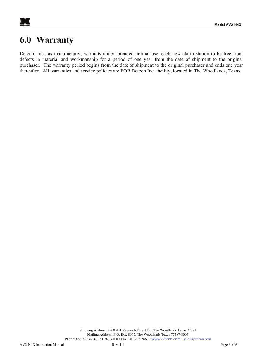 0 warranty | Detcon AV2-N4X User Manual | Page 10 / 10