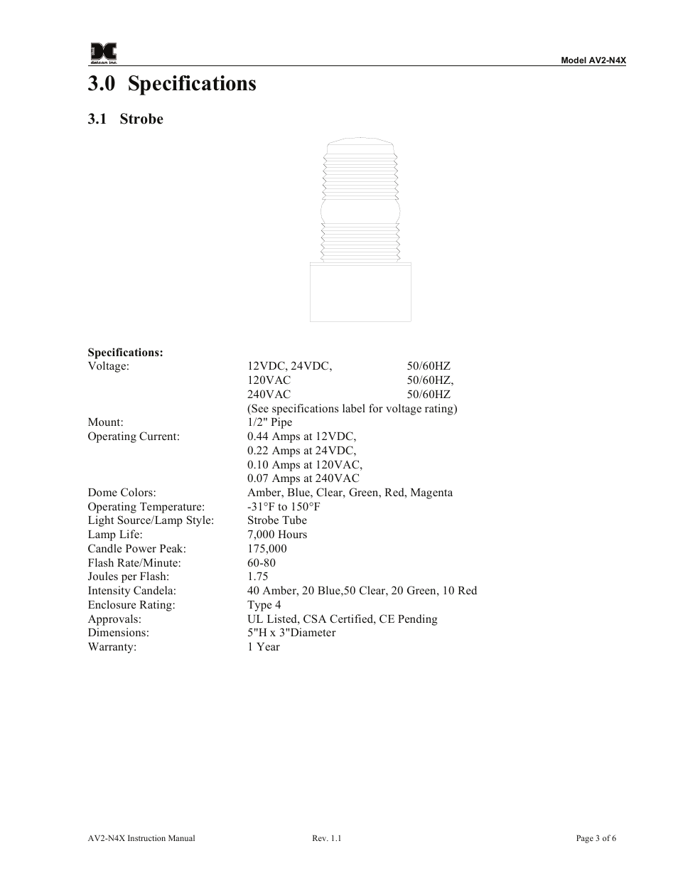 0 specifications, 1 strobe | Detcon AV2-N4X User Manual | Page 7 / 10