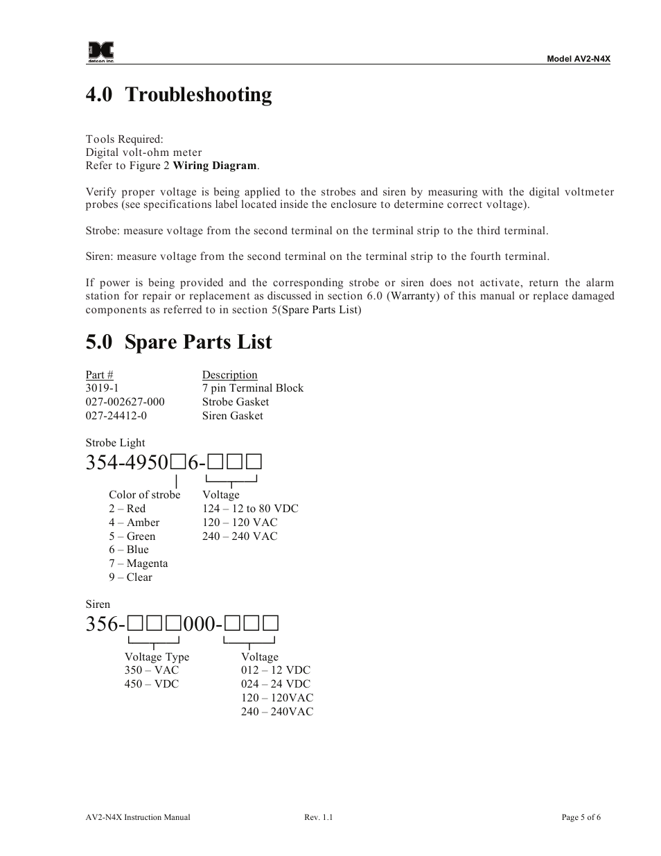 0 troubleshooting, 0 spare parts list | Detcon AV2-N4X User Manual | Page 9 / 10