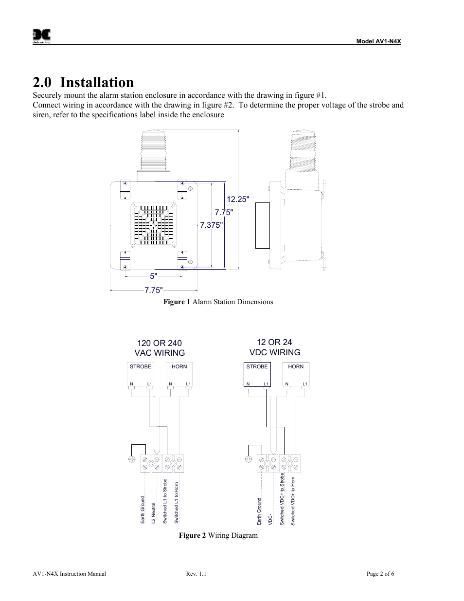 Installation, Figure 1 alarm station dimensions, Figure 2 wiring diagram | 0 installation, 12 or 24 vdc wiring | Detcon AV1-N4X User Manual | Page 6 / 10