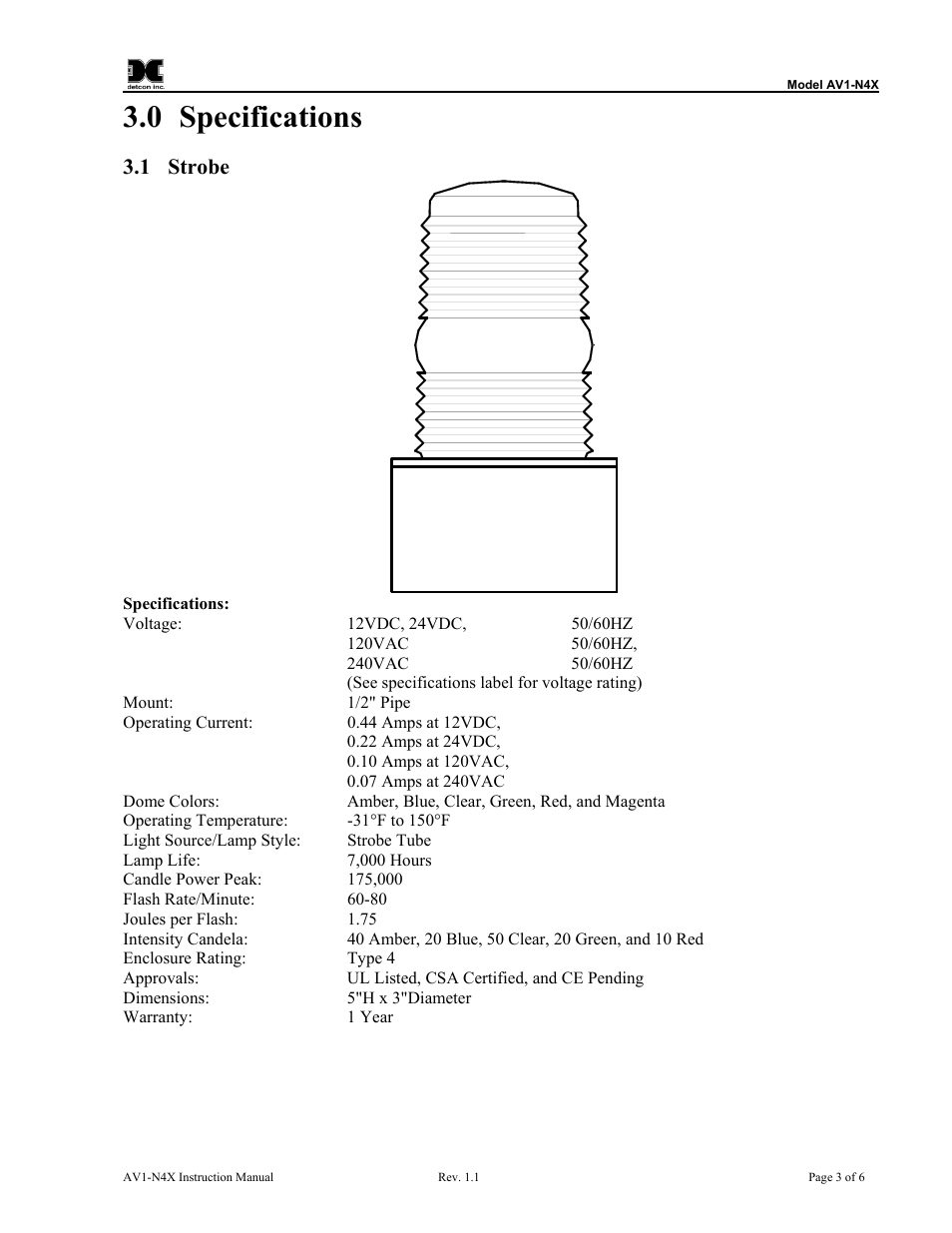 Specifications, Strobe, 0 specifications | 1 strobe | Detcon AV1-N4X User Manual | Page 7 / 10