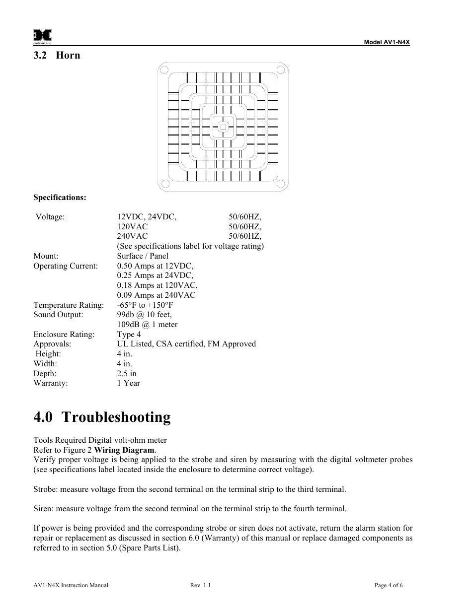 Horn, Troubleshooting, 0 troubleshooting | 2 horn | Detcon AV1-N4X User Manual | Page 8 / 10