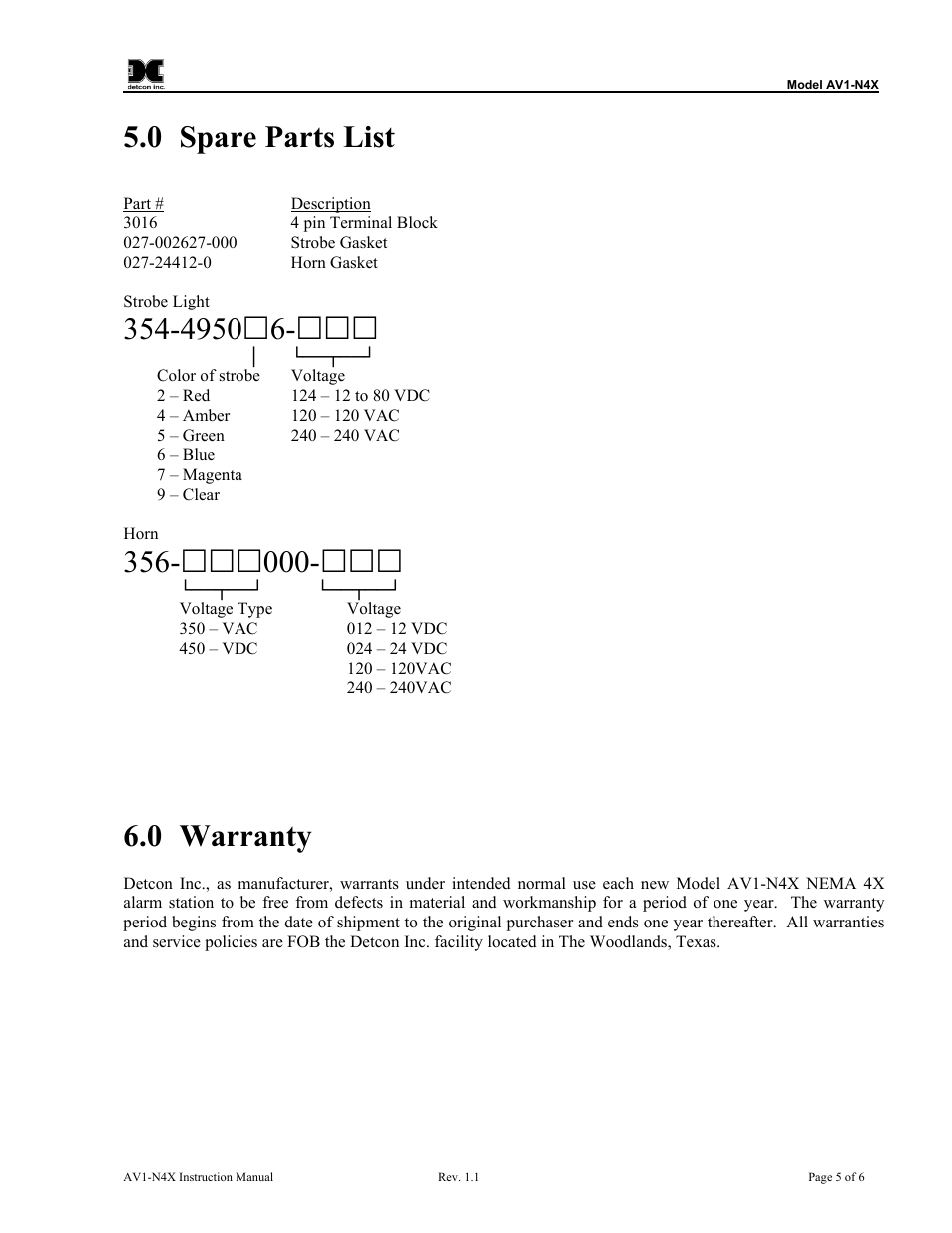 Spare parts list, Warranty, Referred to in section 5.0 (spare parts list) | 0 spare parts list, 0 warranty | Detcon AV1-N4X User Manual | Page 9 / 10