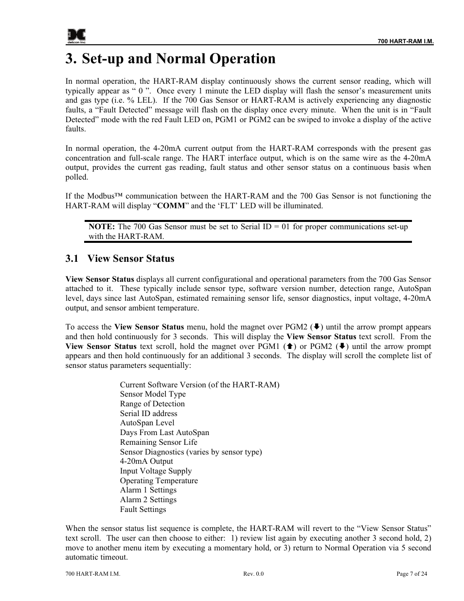 Set-up and normal operation, View sensor status, 1 view sensor status | Detcon 700 Series Remote Sensor/Alarm Relay Module With HART Interface User Manual | Page 11 / 28