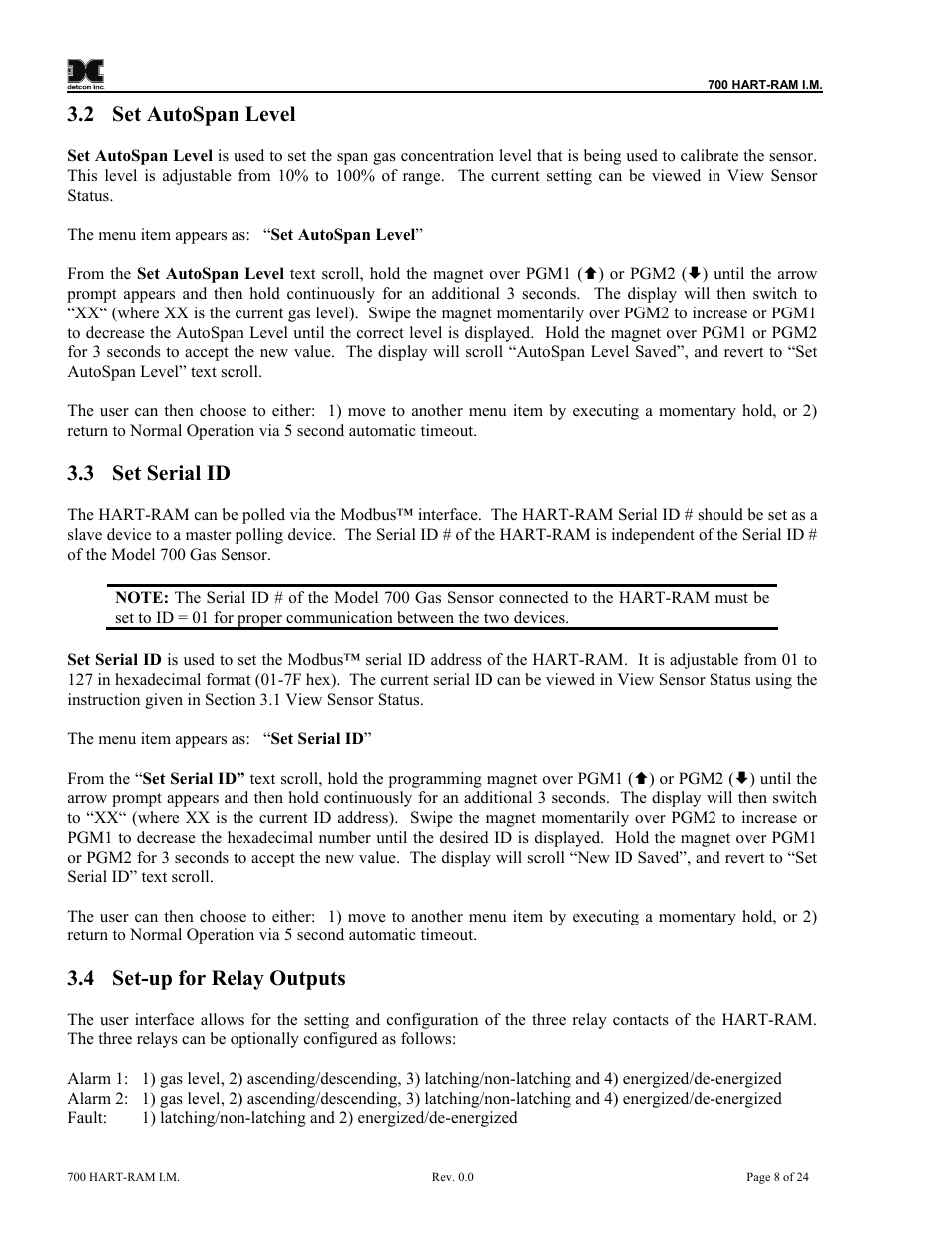 Set autospan level, Set serial id, Set-up for relay outputs | 2 set autospan level, 3 set serial id, 4 set-up for relay outputs | Detcon 700 Series Remote Sensor/Alarm Relay Module With HART Interface User Manual | Page 12 / 28