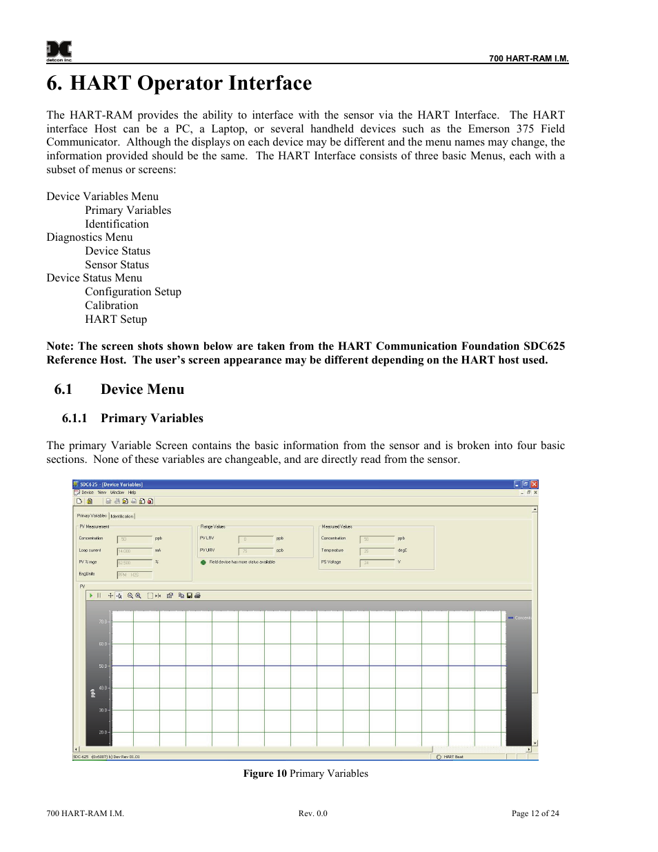 Hart operator interface, Device menu, Primary variables | Figure 10 primary variables, 1 device menu | Detcon 700 Series Remote Sensor/Alarm Relay Module With HART Interface User Manual | Page 16 / 28