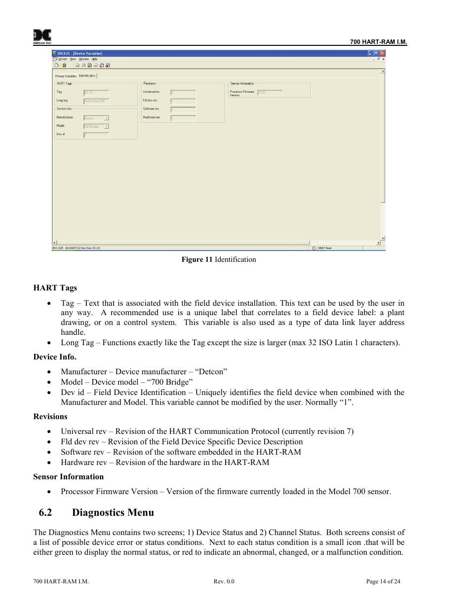 Diagnostics menu, Figure 11 identification, 2 diagnostics menu | Detcon 700 Series Remote Sensor/Alarm Relay Module With HART Interface User Manual | Page 18 / 28