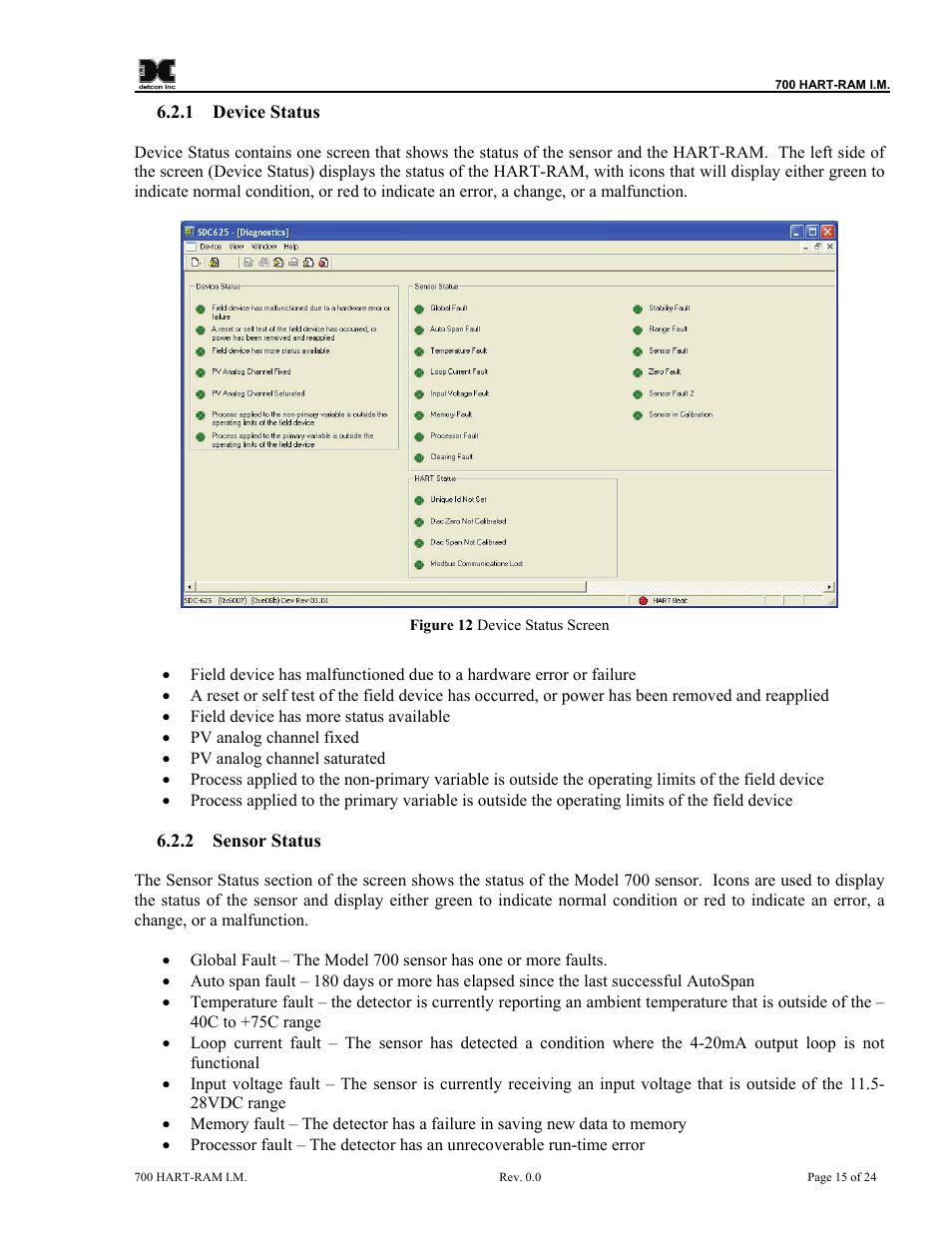 Device status, Sensor status, Figure 12 device status screen | Detcon 700 Series Remote Sensor/Alarm Relay Module With HART Interface User Manual | Page 19 / 28