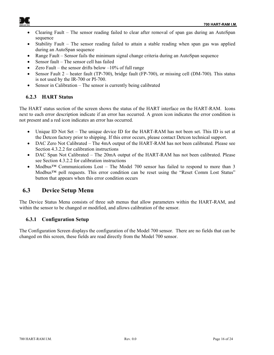 Hart status, Device setup menu, Configuration setup | 3 device setup menu | Detcon 700 Series Remote Sensor/Alarm Relay Module With HART Interface User Manual | Page 20 / 28
