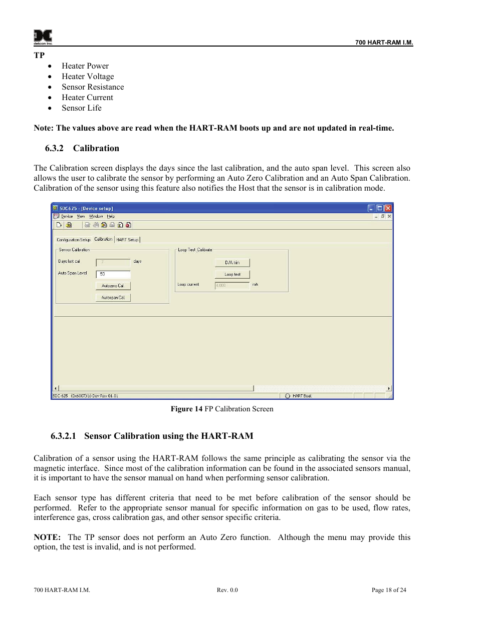 Calibration, Figure 14 fp calibration screen | Detcon 700 Series Remote Sensor/Alarm Relay Module With HART Interface User Manual | Page 22 / 28