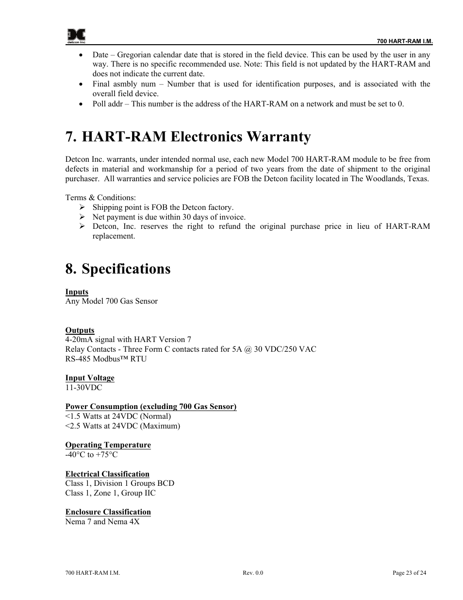 Hart-ram electronics warranty, Specifications | Detcon 700 Series Remote Sensor/Alarm Relay Module With HART Interface User Manual | Page 27 / 28
