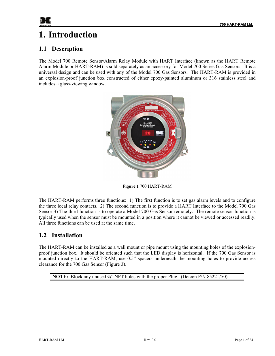 Introduction, Description, Installation | Figure 1 700 hart-ram, 1 description, 2 installation | Detcon 700 Series Remote Sensor/Alarm Relay Module With HART Interface User Manual | Page 5 / 28