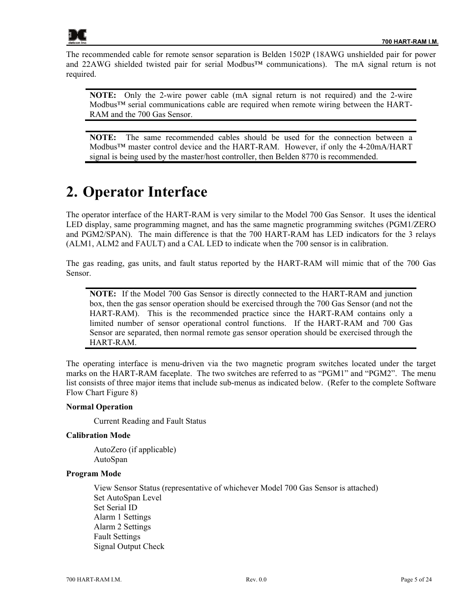 Operator interface | Detcon 700 Series Remote Sensor/Alarm Relay Module With HART Interface User Manual | Page 9 / 28