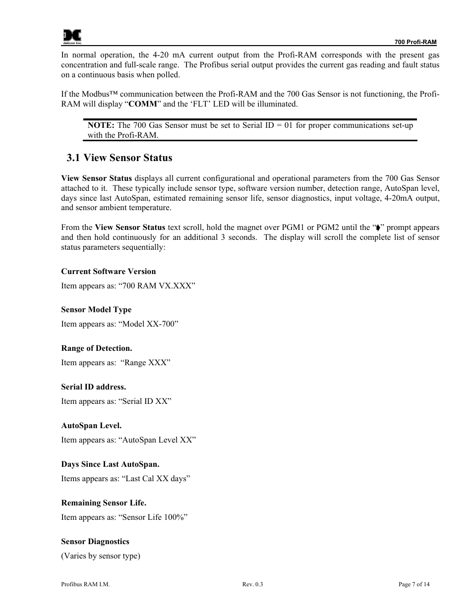 View sensor status, 1 view sensor status | Detcon 700 Series Remote Sensor/Alarm Relay Module With Profibus DP Interface User Manual | Page 11 / 18