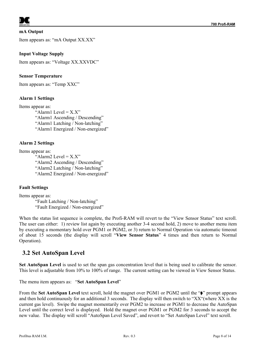 Set autospan level, 2 set autospan level | Detcon 700 Series Remote Sensor/Alarm Relay Module With Profibus DP Interface User Manual | Page 12 / 18