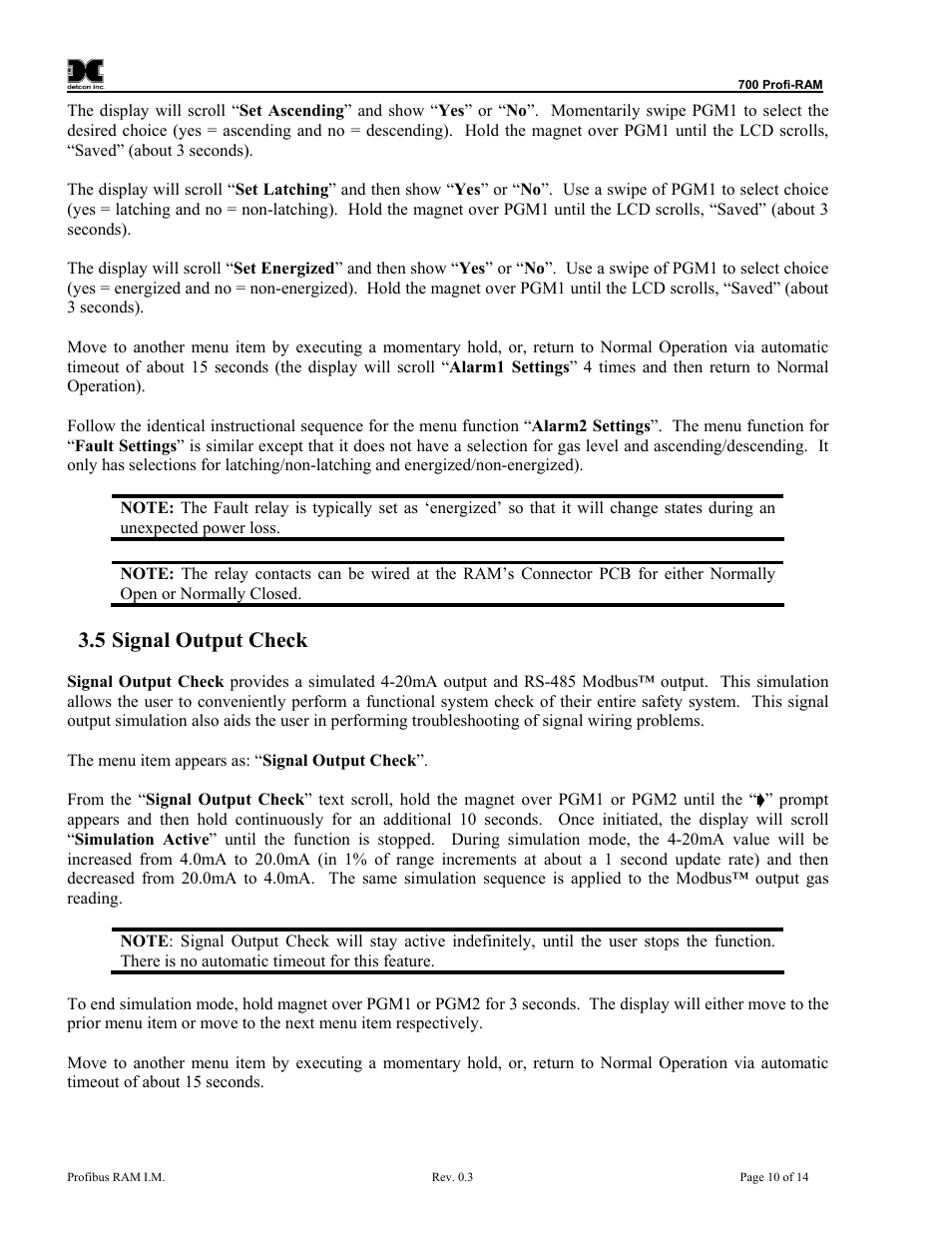 Signal output check, 5 signal output check | Detcon 700 Series Remote Sensor/Alarm Relay Module With Profibus DP Interface User Manual | Page 14 / 18