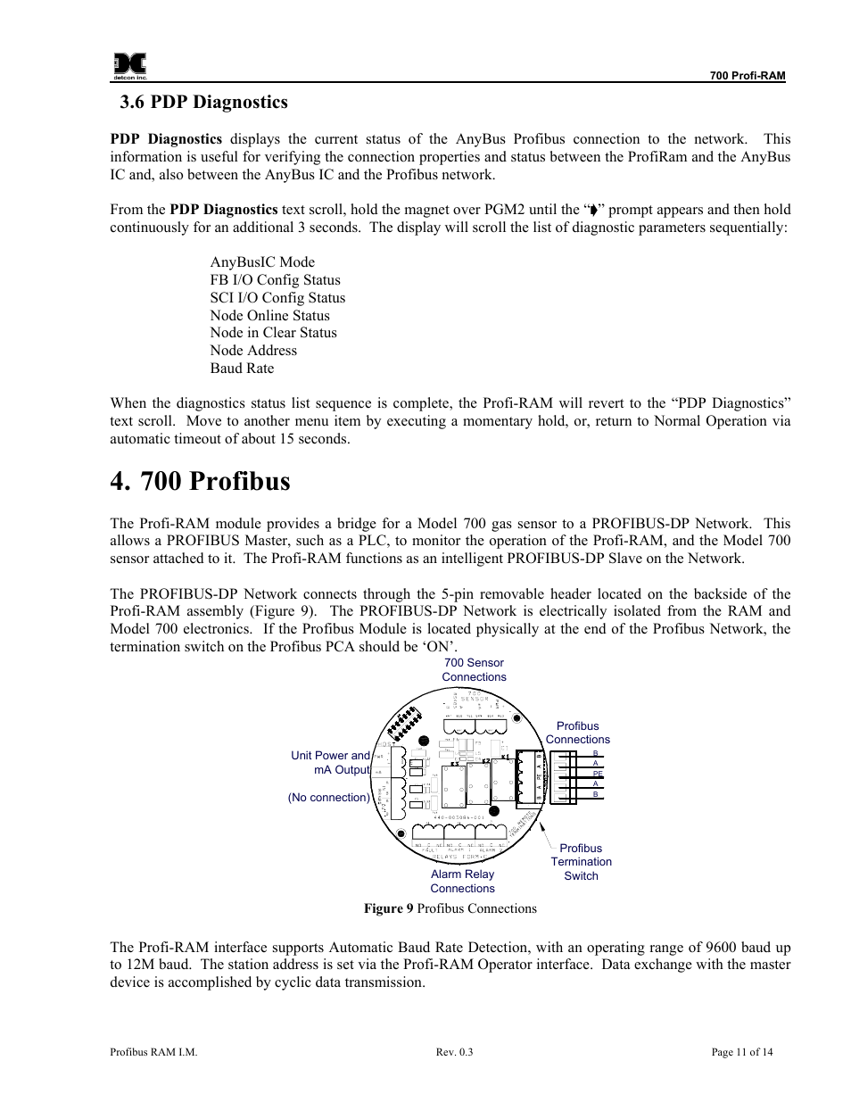 Pdp diagnostics, 700 profibus, Figure 9 profibus connections | 6 pdp diagnostics | Detcon 700 Series Remote Sensor/Alarm Relay Module With Profibus DP Interface User Manual | Page 15 / 18