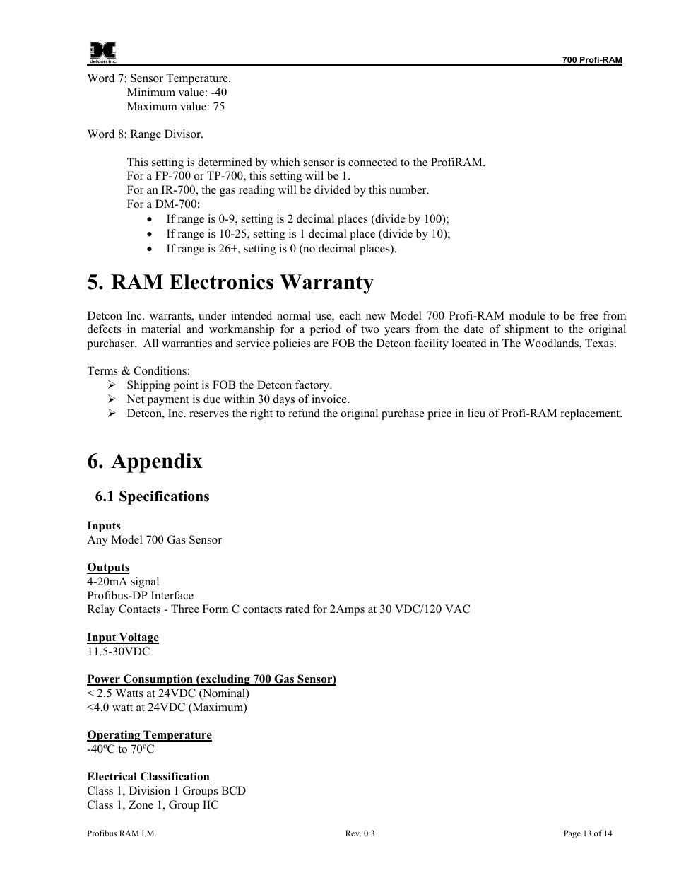 Ram electronics warranty, Appendix, Specifications | 1 specifications | Detcon 700 Series Remote Sensor/Alarm Relay Module With Profibus DP Interface User Manual | Page 17 / 18
