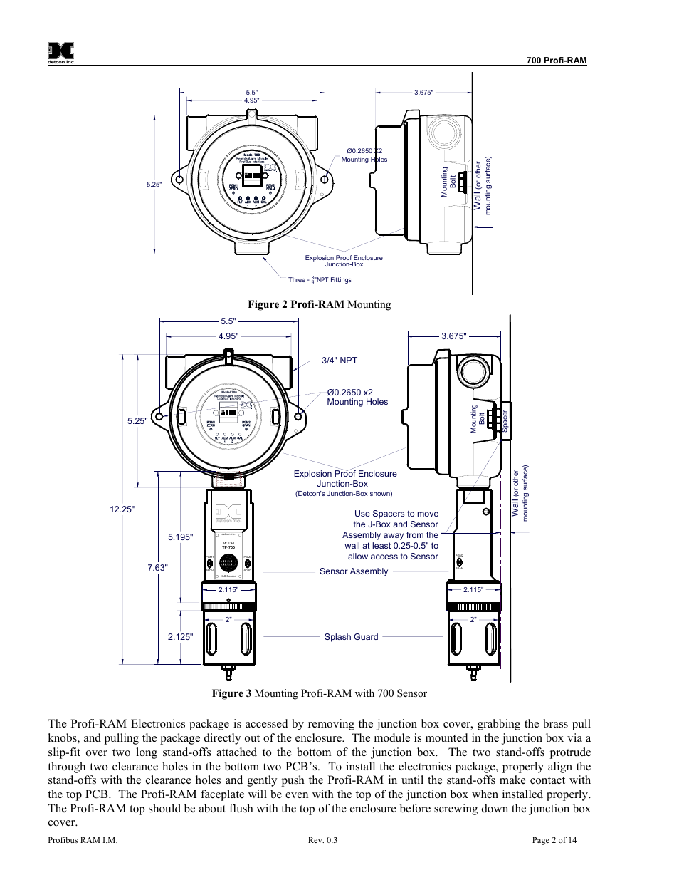 Figure 2 profi-ram mounting, Figure 3 mounting profi-ram with 700 sensor | Detcon 700 Series Remote Sensor/Alarm Relay Module With Profibus DP Interface User Manual | Page 6 / 18