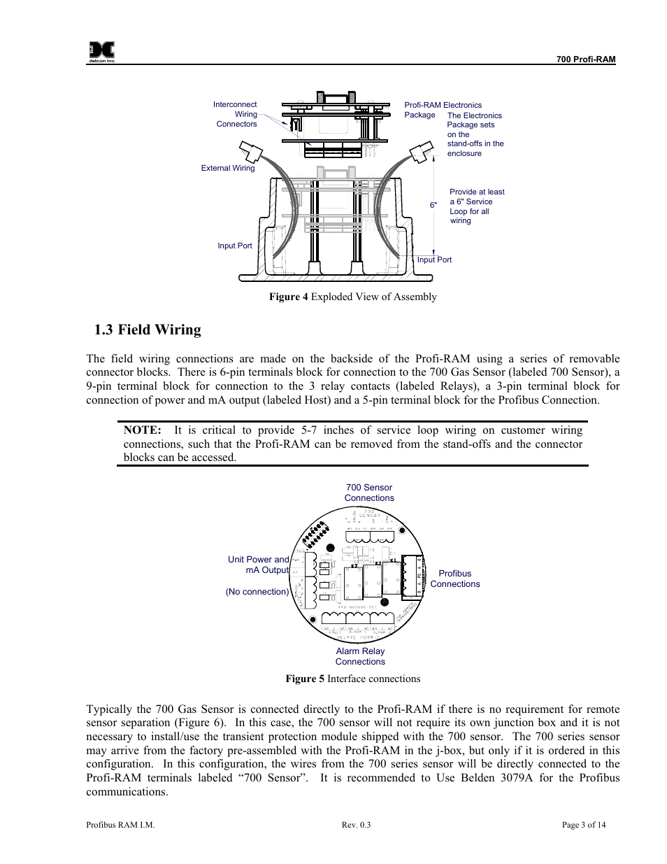 Field wiring, Figure 4 exploded view of assembly, Figure 5 interface connections | 3 field wiring | Detcon 700 Series Remote Sensor/Alarm Relay Module With Profibus DP Interface User Manual | Page 7 / 18