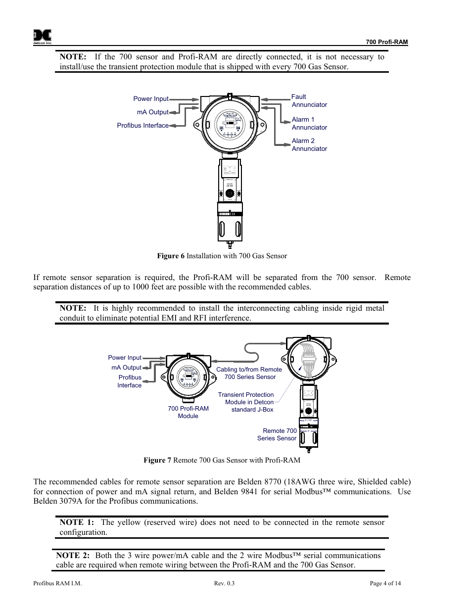 Figure 6 installation with 700 gas sensor, Figure 7 remote 700 gas sensor with profi-ram | Detcon 700 Series Remote Sensor/Alarm Relay Module With Profibus DP Interface User Manual | Page 8 / 18