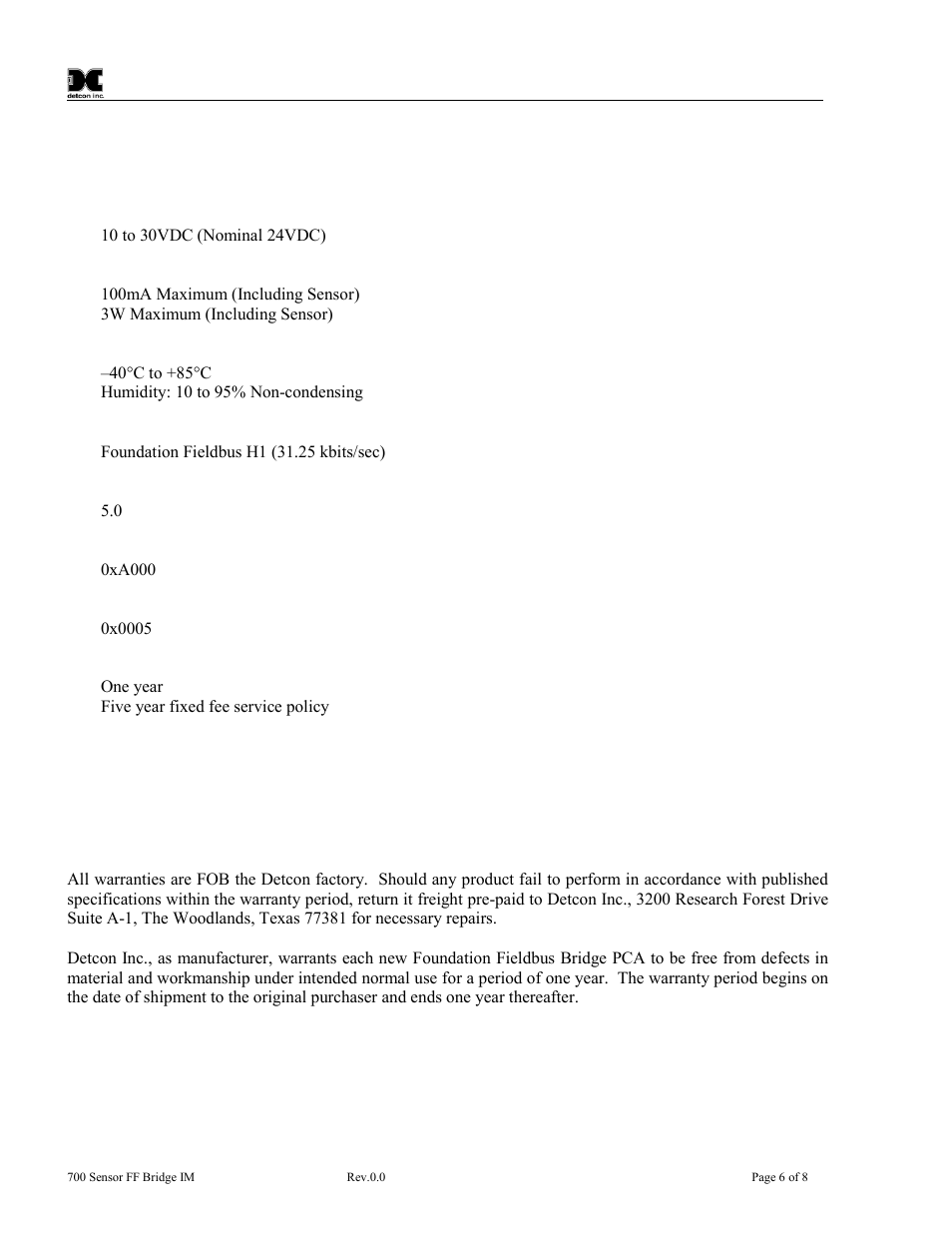 Specifications, Warranty, 0 specifications | 0 warranty | Detcon 700 Foundation Fieldbus Bridge User Manual | Page 10 / 12