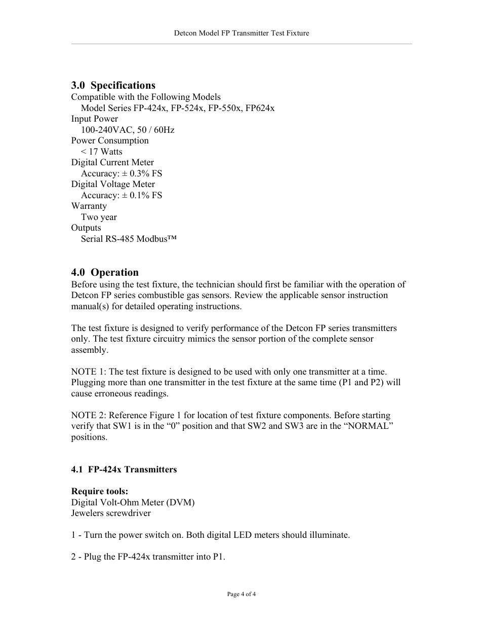 Detcon FP Transmitter Test Fixture User Manual | Page 4 / 9