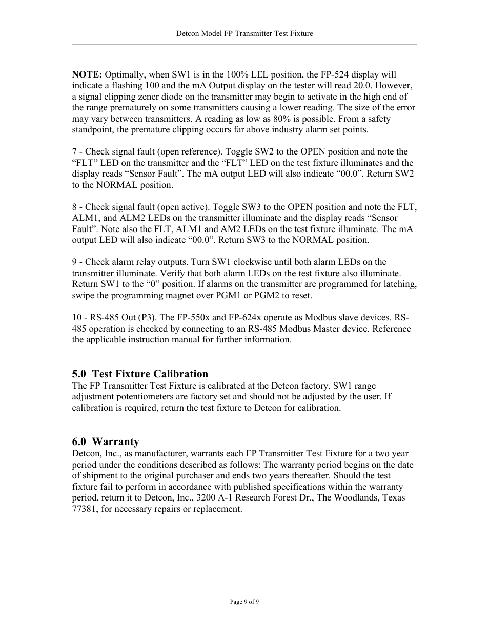 Detcon FP Transmitter Test Fixture User Manual | Page 9 / 9
