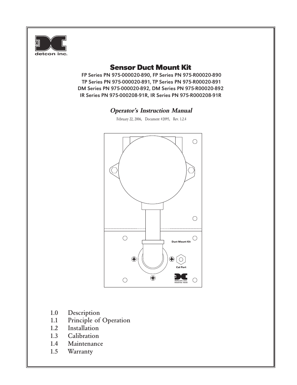 Detcon Sensor Duct Mount Kit FP/TP/DM/IR Series User Manual | 8 pages