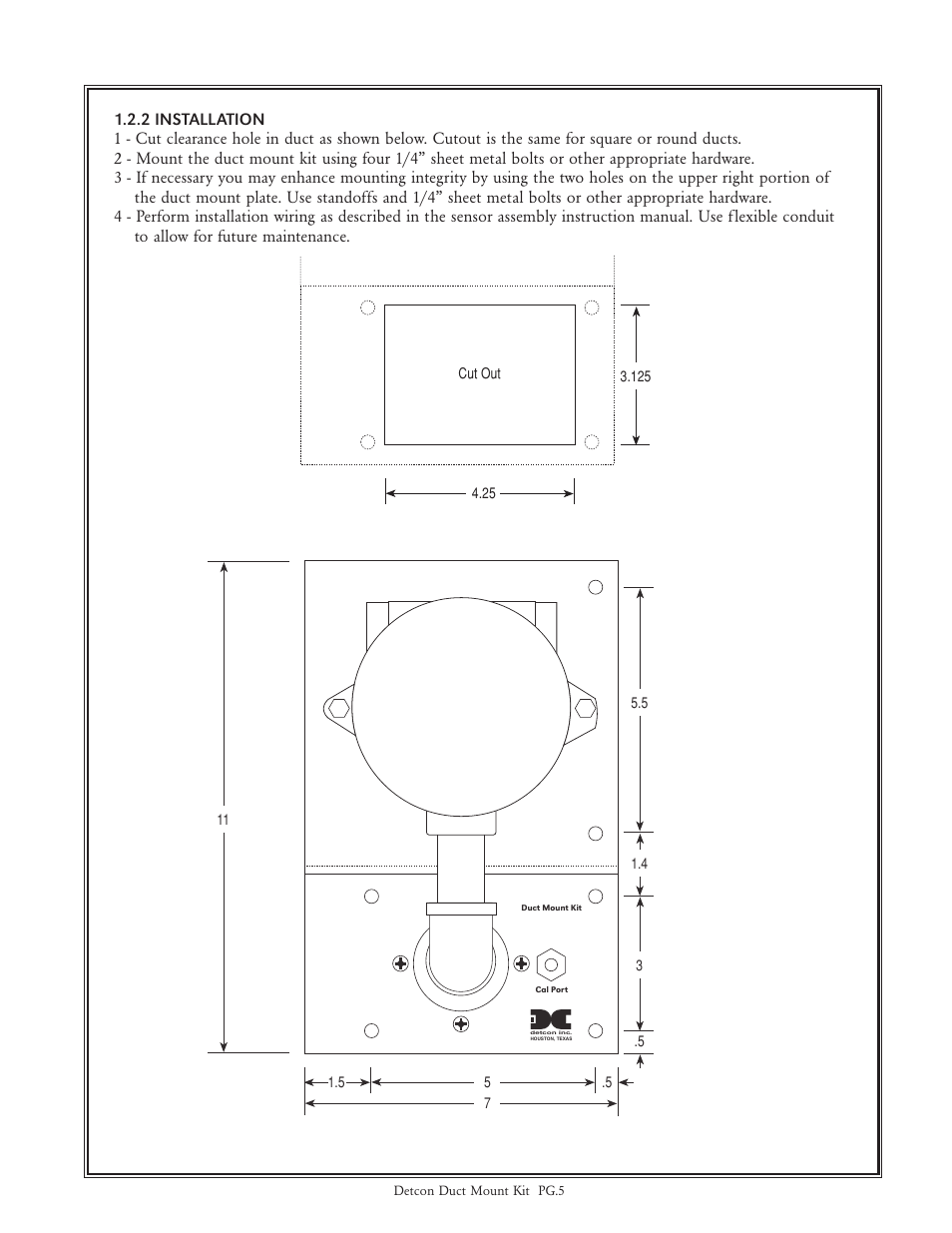 Detcon Sensor Duct Mount Kit FP/TP/DM/IR Series User Manual | Page 5 / 8
