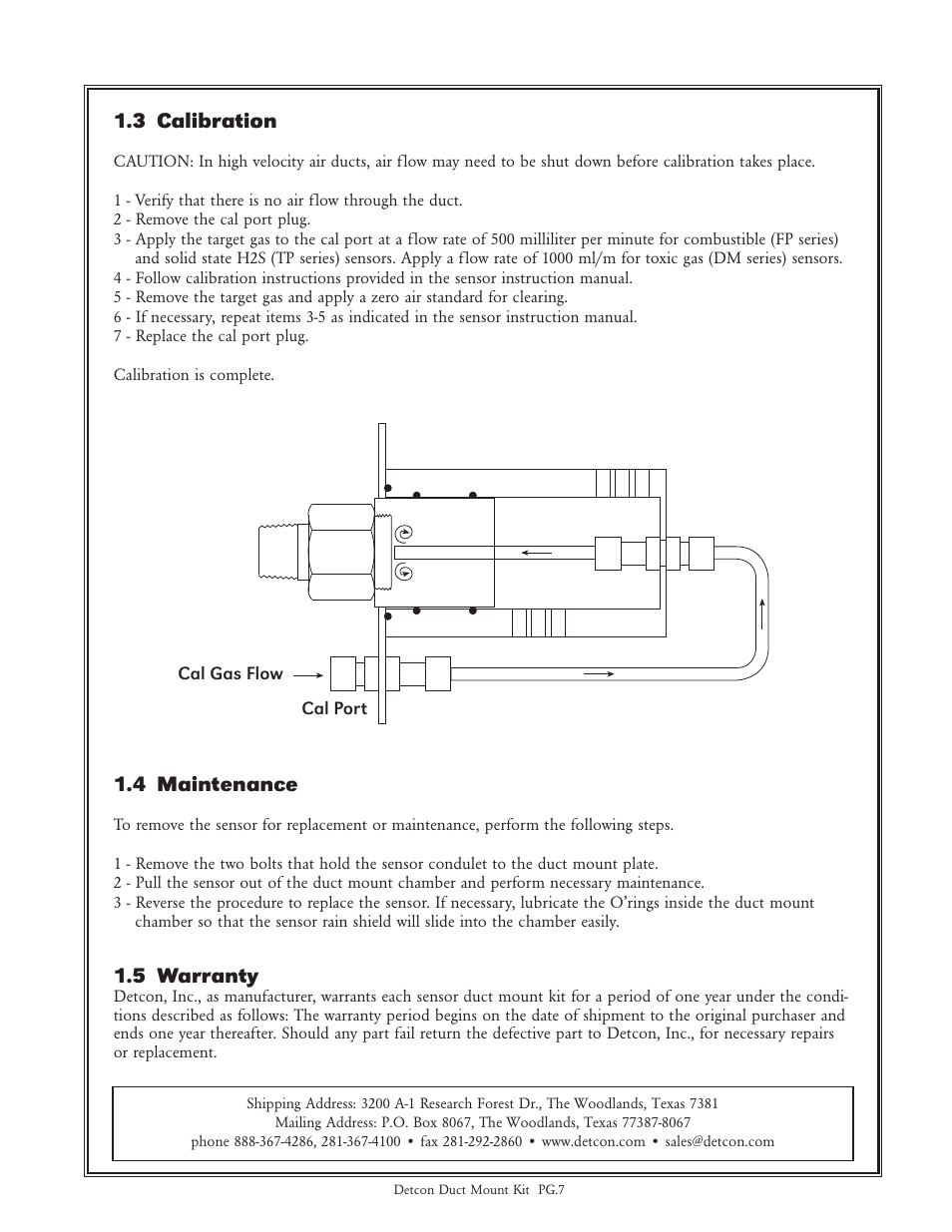 3 calibration, 4 maintenance, 5 warranty | Detcon Sensor Duct Mount Kit FP/TP/DM/IR Series User Manual | Page 7 / 8