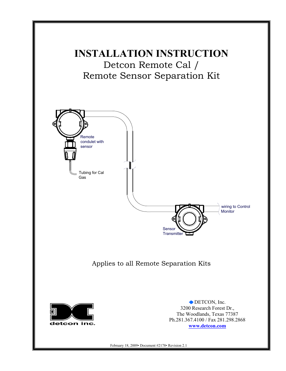 Detcon Remote Cal / Remote Sensor Separation Kit User Manual | 4 pages