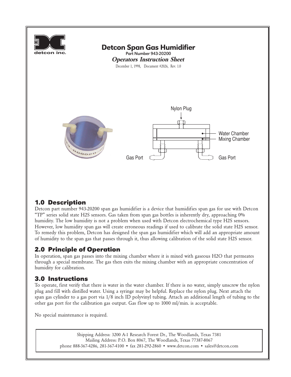 Detcon Span Gas Humidifier User Manual | 1 page
