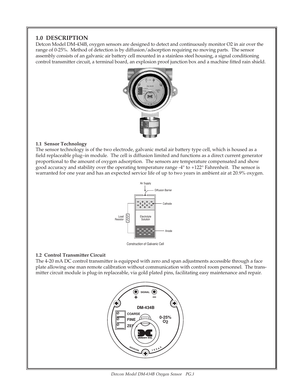 0 description, Detcon model dm-434b oxygen sensor pg.3 | Detcon DM-434B User Manual | Page 3 / 11