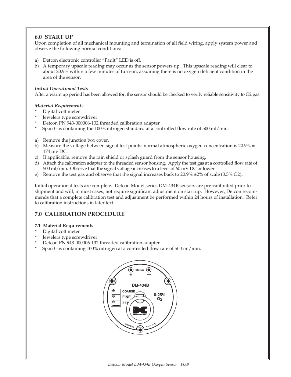 0 start up, 0 calibration procedure | Detcon DM-434B User Manual | Page 9 / 11