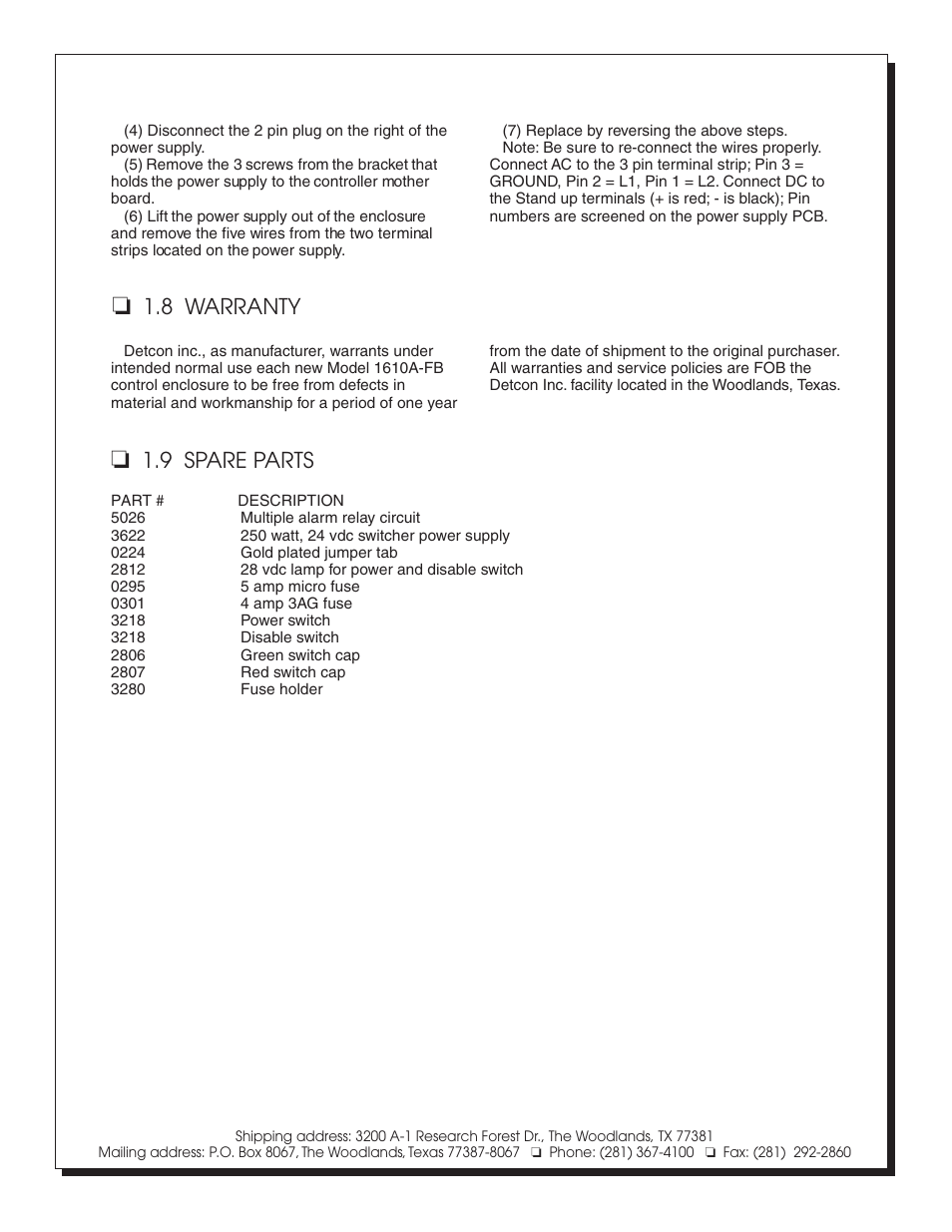 9 spare parts, 8 warranty | Detcon 1610A-FB User Manual | Page 4 / 8