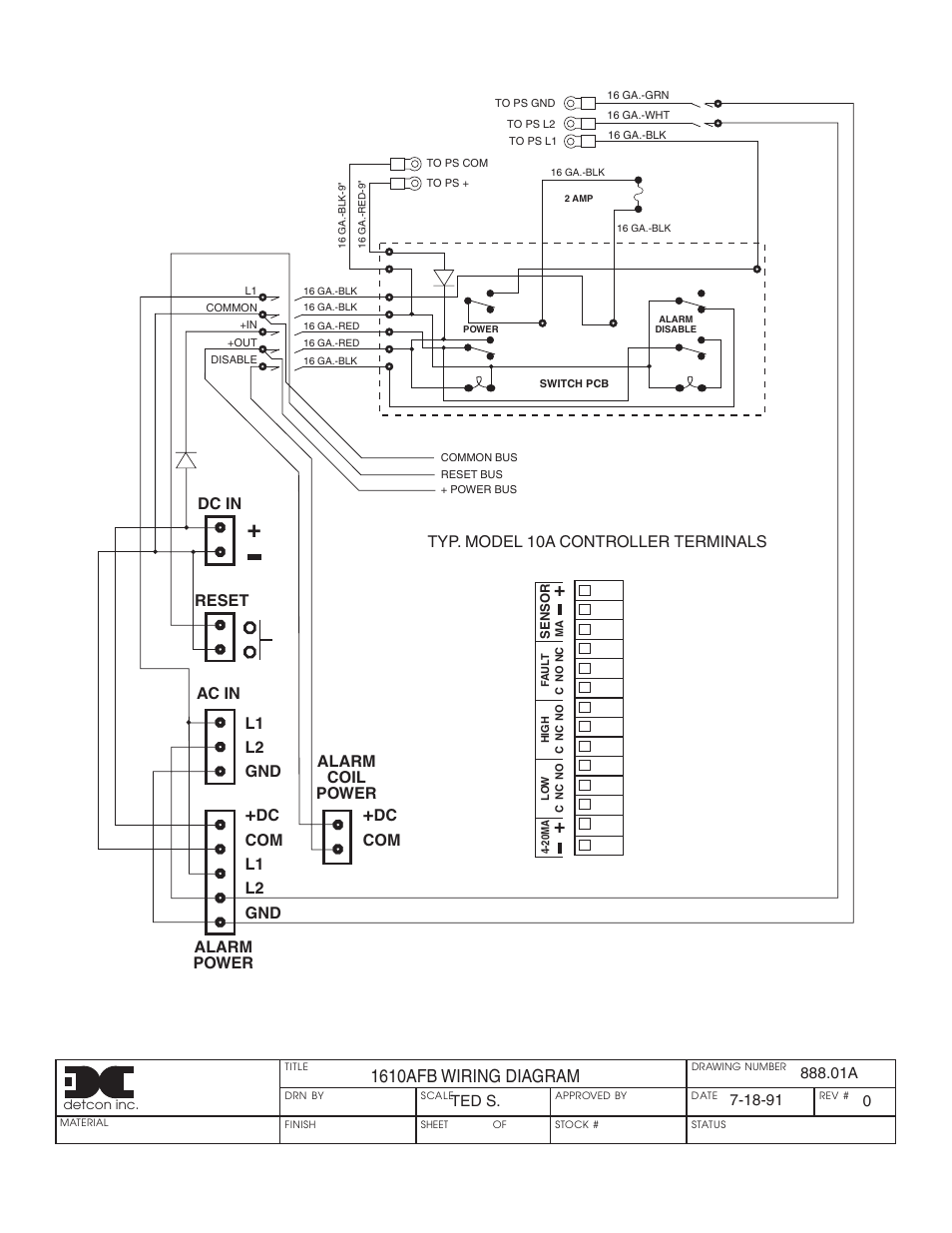 1610afb wiring diagram, Dc in reset ac in l1 l2 gnd, Dc com l1 l2 gnd alarm power | Typ. model 10a controller terminals, Dc com alarm coil power | Detcon 1610A-FB User Manual | Page 8 / 8