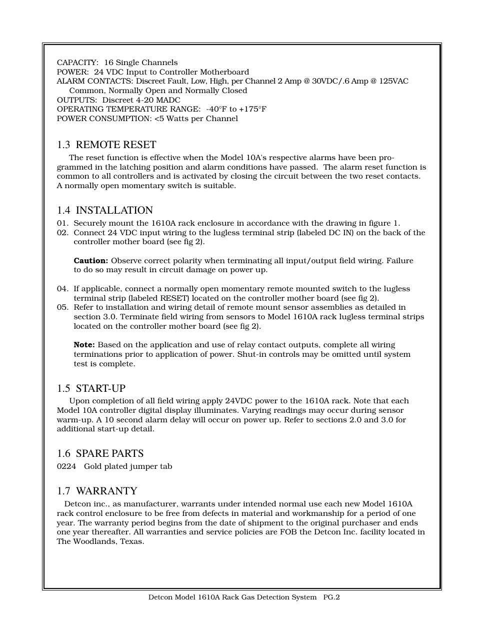 3 remote reset, 4 installation, 5 start-up | 6 spare parts, 7 warranty | Detcon 1610A RACK User Manual | Page 2 / 3