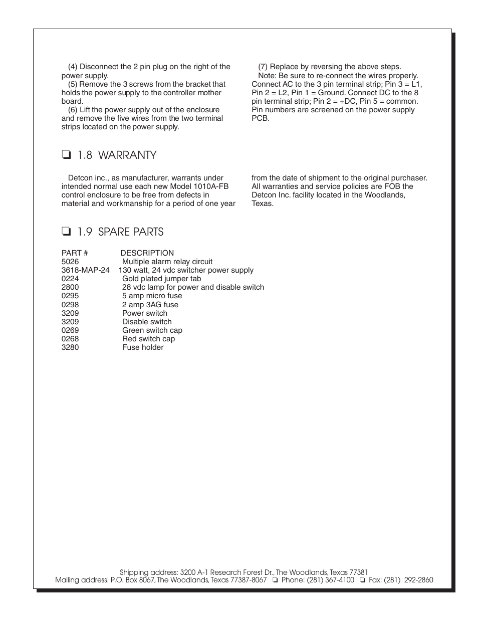 9 spare parts, 8 warranty | Detcon 1010A-FB User Manual | Page 4 / 8