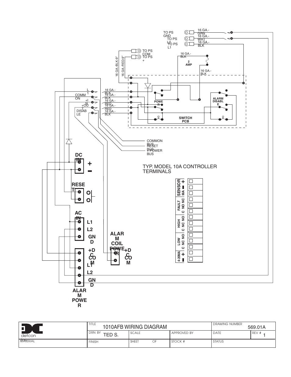 1010afb wiring diagram, Dc in rese t ac in l1 l2 gn d, Dc co m l1 l2 gn d alar m powe r | Typ. model 10a controller terminals, Dc co m alar m coil powe r | Detcon 1010A-FB User Manual | Page 5 / 8