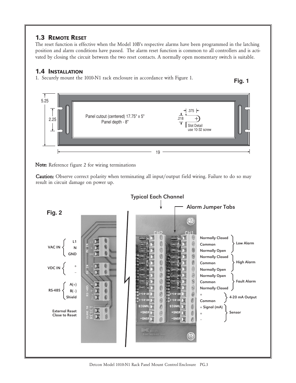 Fig. 1, Typical each channel, Alarm jumper tabs | Fig. 2 | Detcon 1010-N1 Rack User Manual | Page 3 / 5