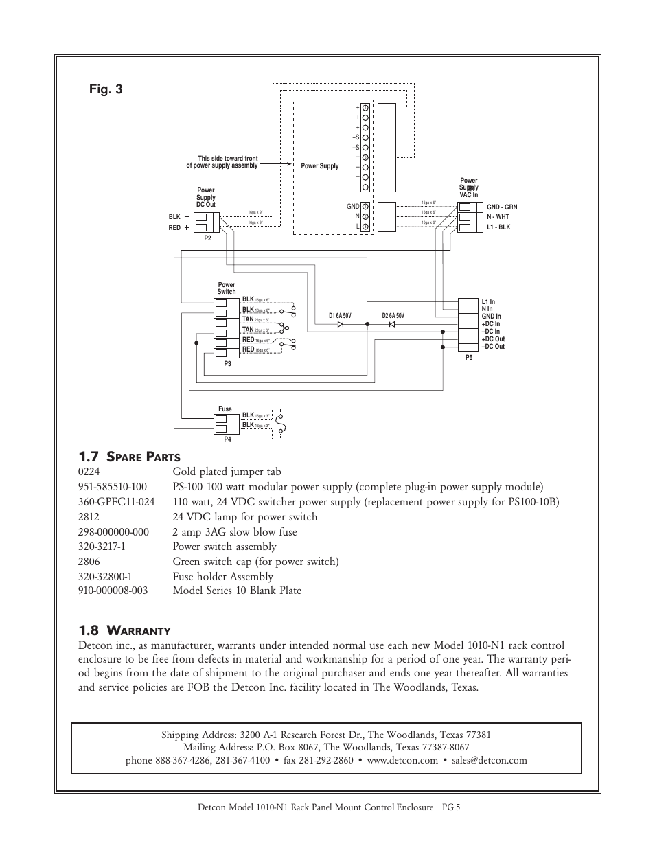 Fig. 3, Pare, Arts | Arranty | Detcon 1010-N1 Rack User Manual | Page 5 / 5
