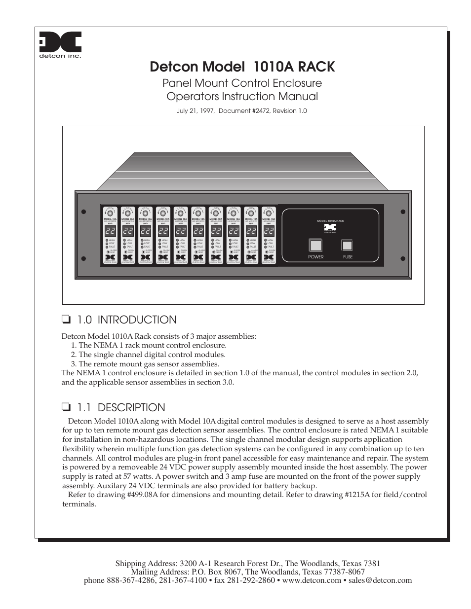 Detcon 1010A RACK User Manual | 3 pages