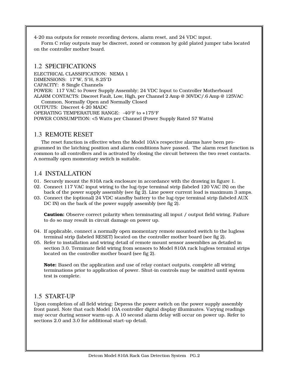 2 specifications, 3 remote reset, 4 installation | 5 start-up | Detcon 810A RACK User Manual | Page 2 / 4