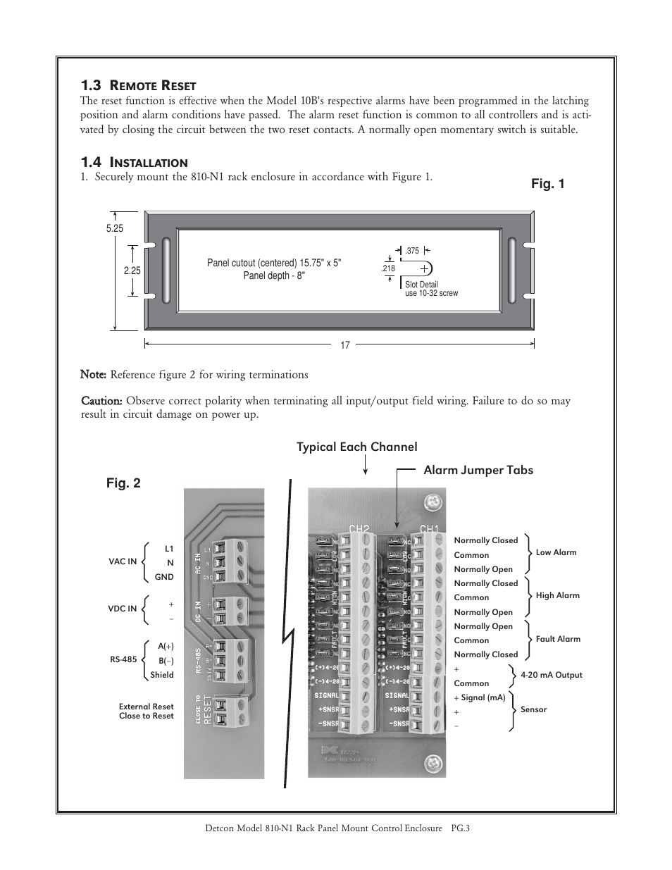 Fig. 1, Typical each channel, Alarm jumper tabs | Fig. 2 | Detcon 810-N1 Rack User Manual | Page 3 / 5