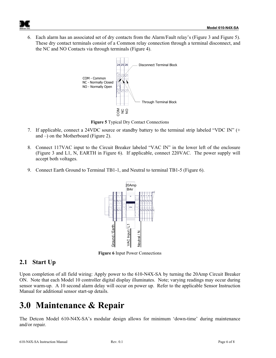 0 maintenance & repair, 1 start up | Detcon 610-N4X-SA User Manual | Page 10 / 20