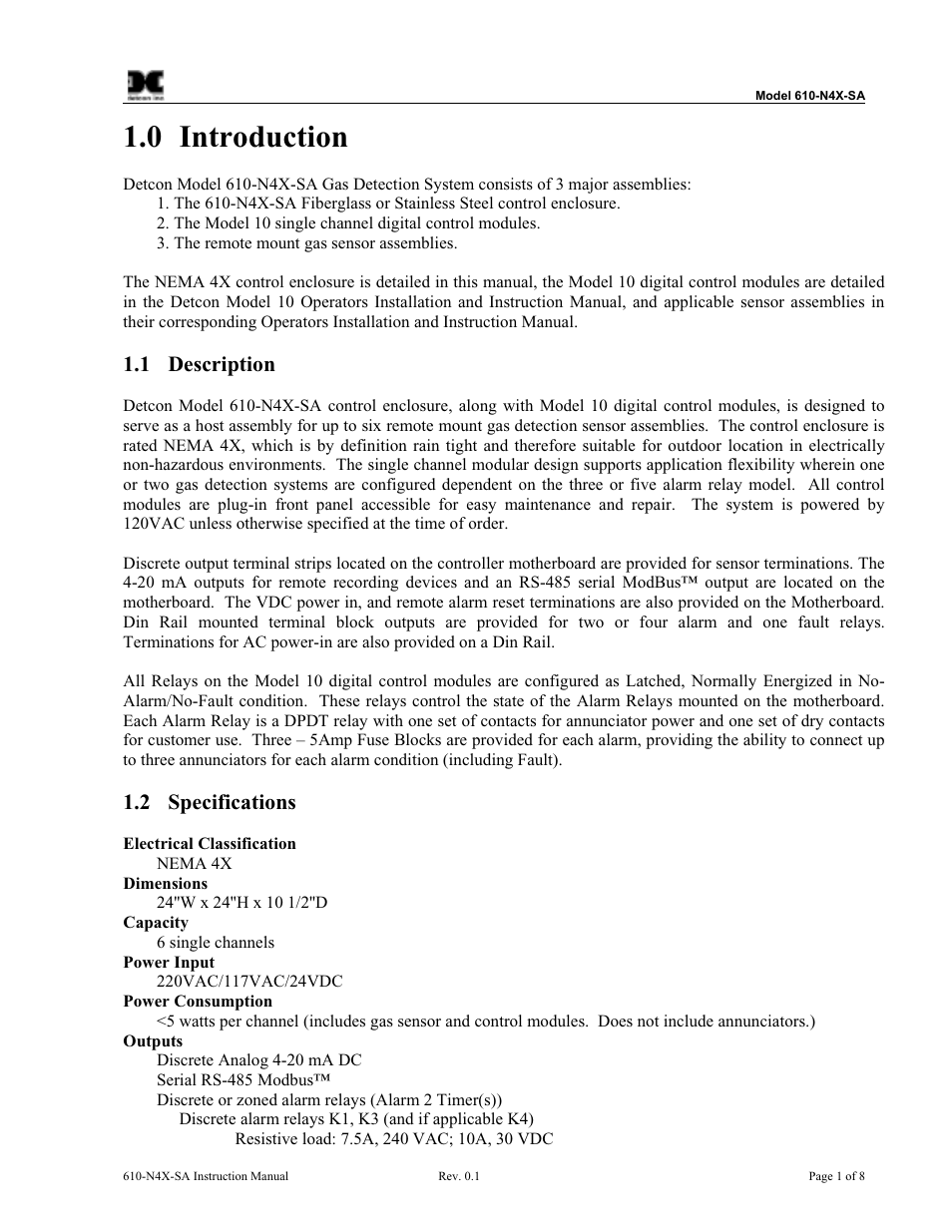 0 introduction, 1 description, 2 specifications | Detcon 610-N4X-SA User Manual | Page 5 / 20