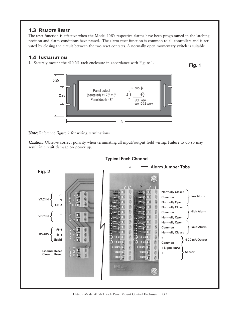 Fig. 1, Typical each channel, Alarm jumper tabs | Fig. 2 | Detcon 410-N1 Rack User Manual | Page 3 / 5