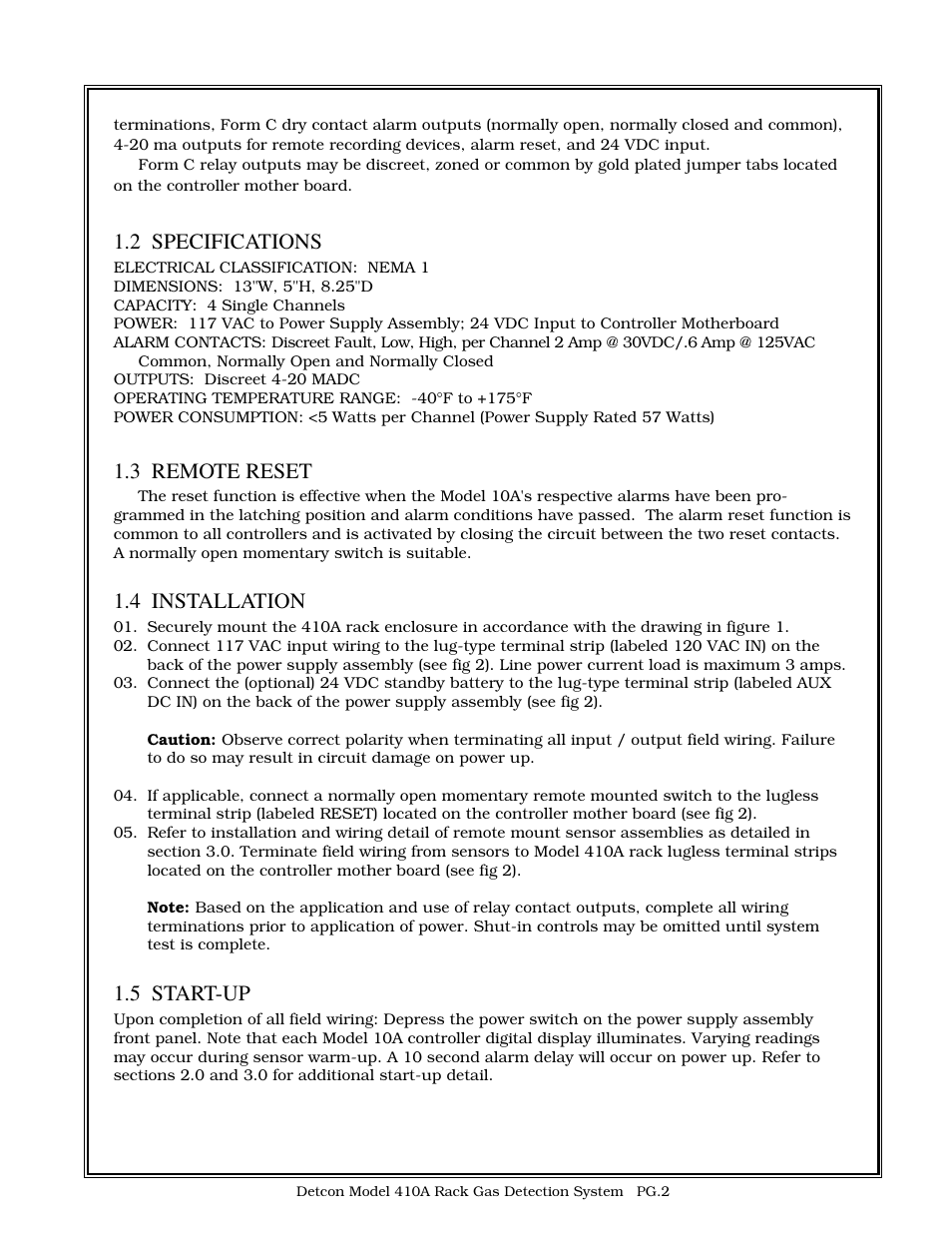2 specifications, 3 remote reset, 4 installation | 5 start-up | Detcon 410A RACK User Manual | Page 2 / 4