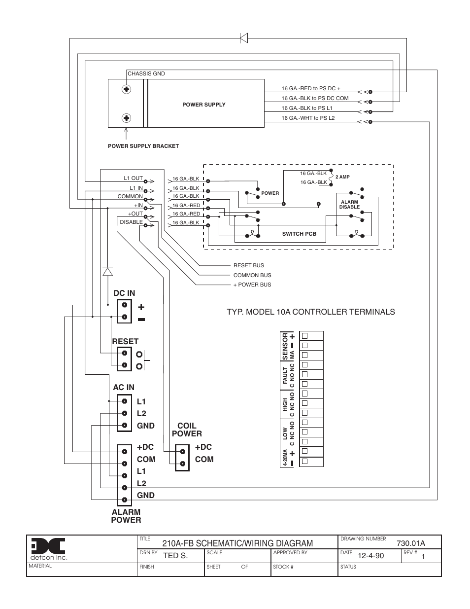 210a-fb schematic/wiring diagram, Dc in reset ac in l1 l2 gnd, Dc com coil power | Detcon 210A-FB User Manual | Page 5 / 8